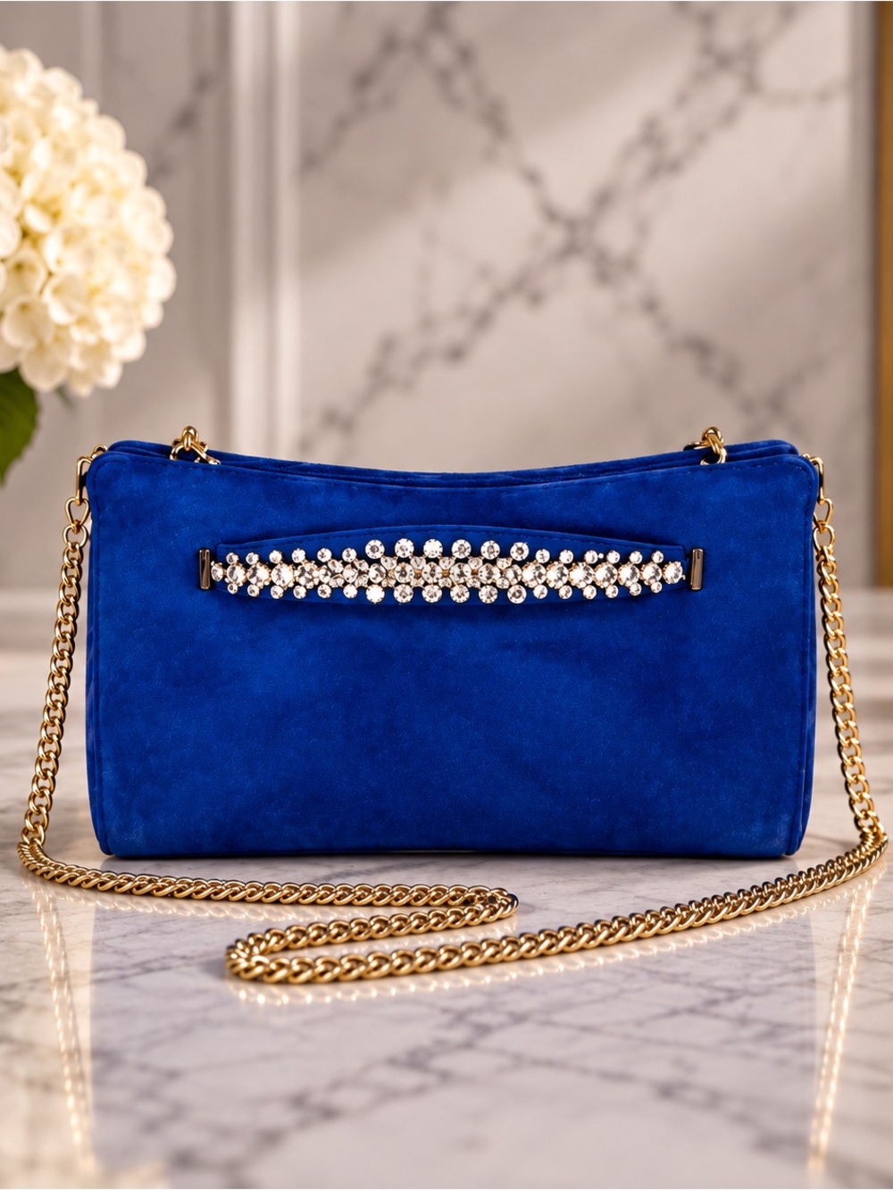 Jimmy Choo Venus Electric Blue Suede Crystal Shoulder Bag Clutch Full Inclusion